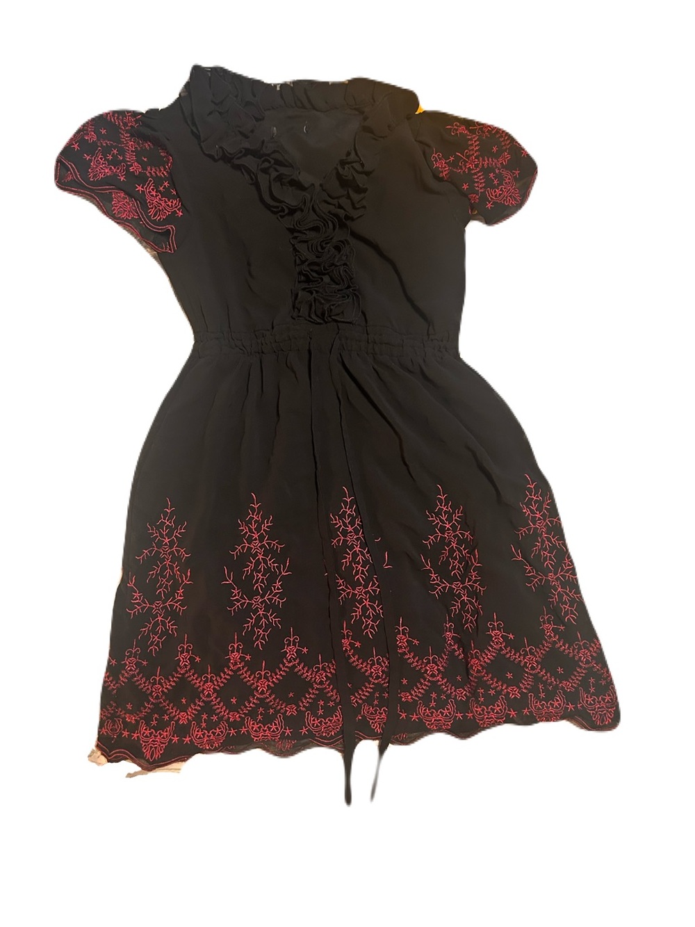 Vintage Black Silk  BCBGMAXAZRIA Dress with Pink Embroidered Detail